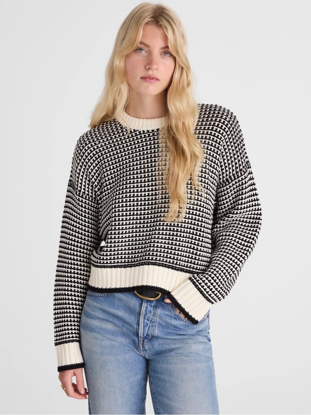 Madewell Textured-Stitch Crewneck Sweater in 100% Cotton Ivory and Black M NY459